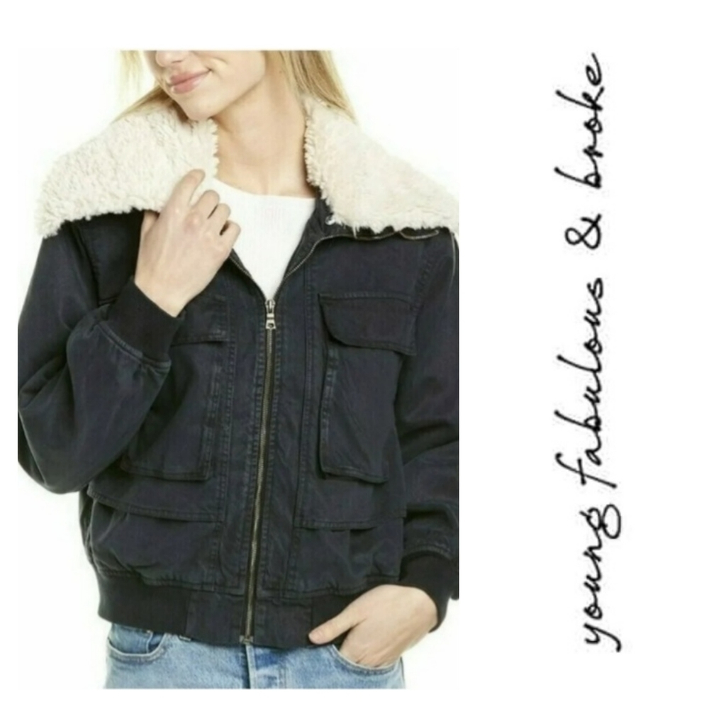 Young Fabulous & Broke Blue Sherpa Collar Jacket Size Medium YFB NEW NWT